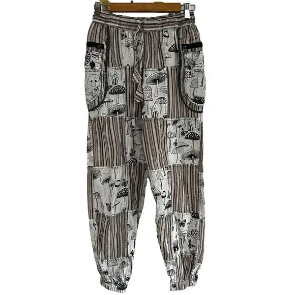 Rising International Mushroom Print Pants Size Medium Patchwork Pockets Pull On - Picture 1 of 10